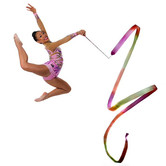 Dancer leaping with ribbon on white background
